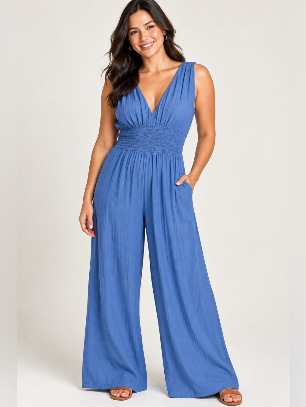 Old Navy Jumpsuit Women's XS Blue Wide Leg Sleeveless V-Neck Smocked Waist Tie